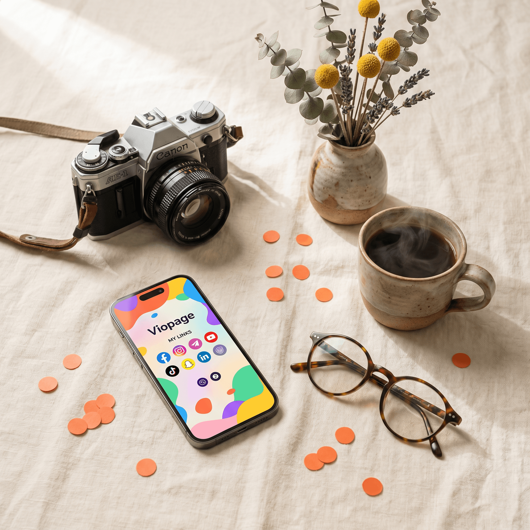 Flatlay Viopage — ferramentas e acessórios de criador