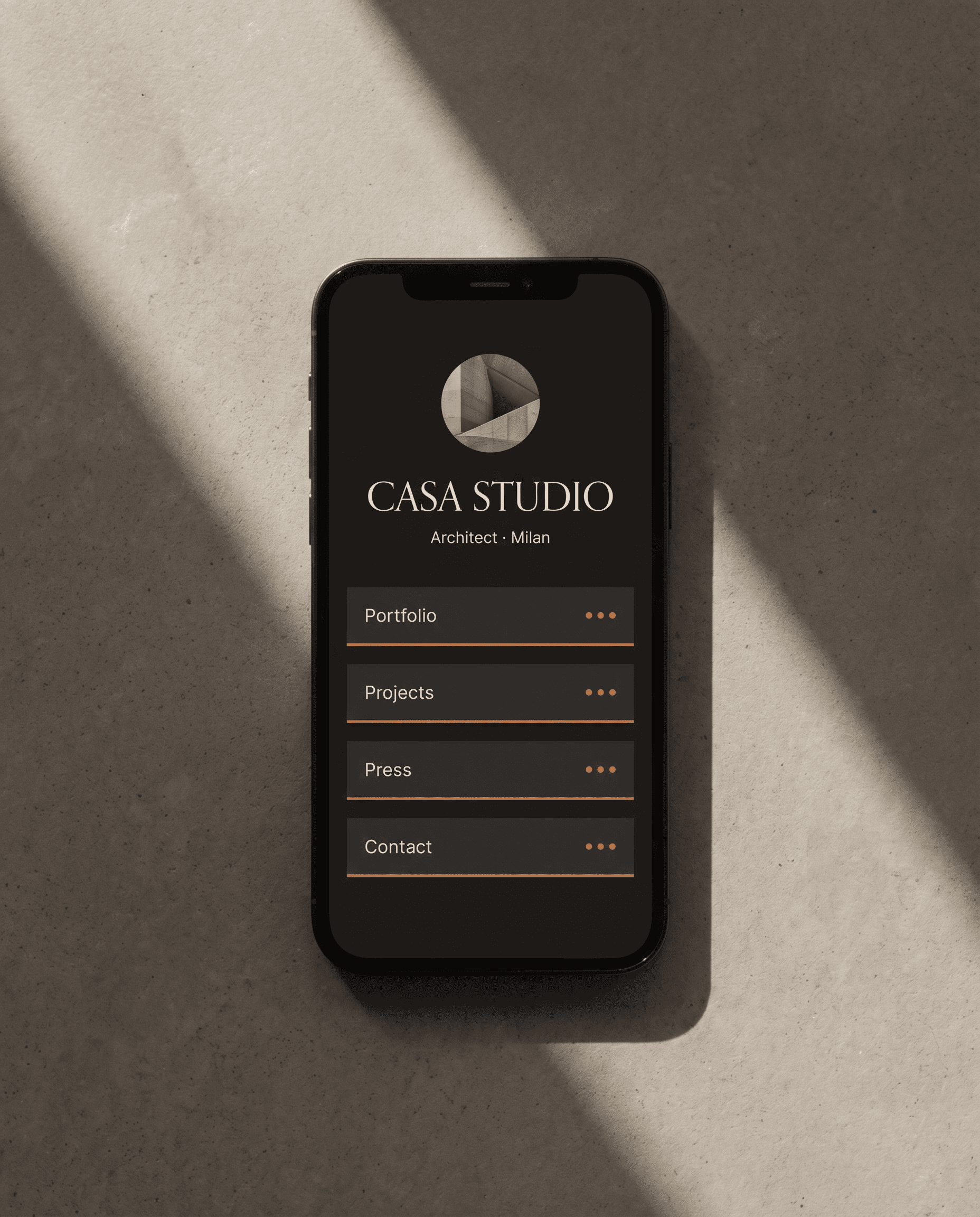 Pré-visualização do tema Executive — página link-in-bio minimalista escura para designers
